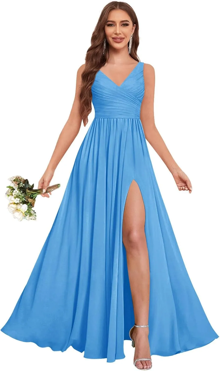 Women's V Neck Bridesmaid Dresses for Wedding with Slit Chiffon Pleated Formal Evening Gowns