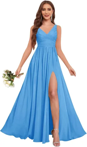 Women's V Neck Bridesmaid Dresses for Wedding with Slit Chiffon Pleated Formal Evening Gowns