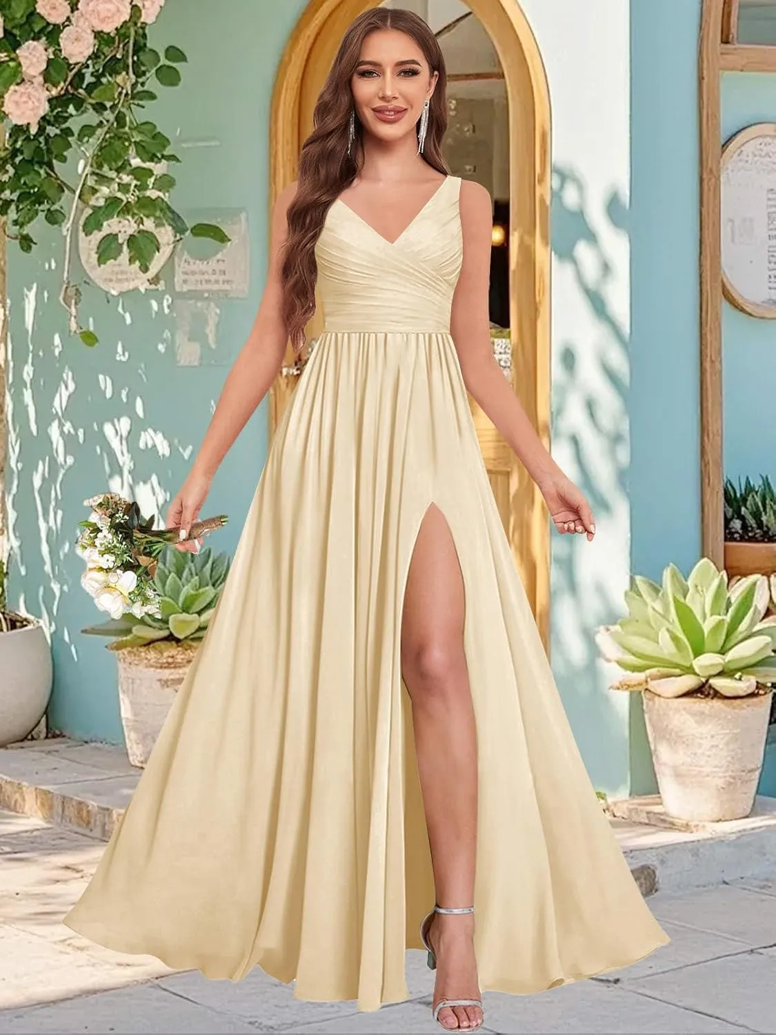 Women's V Neck Bridesmaid Dresses for Wedding with Slit Chiffon Pleated Formal Evening Gowns