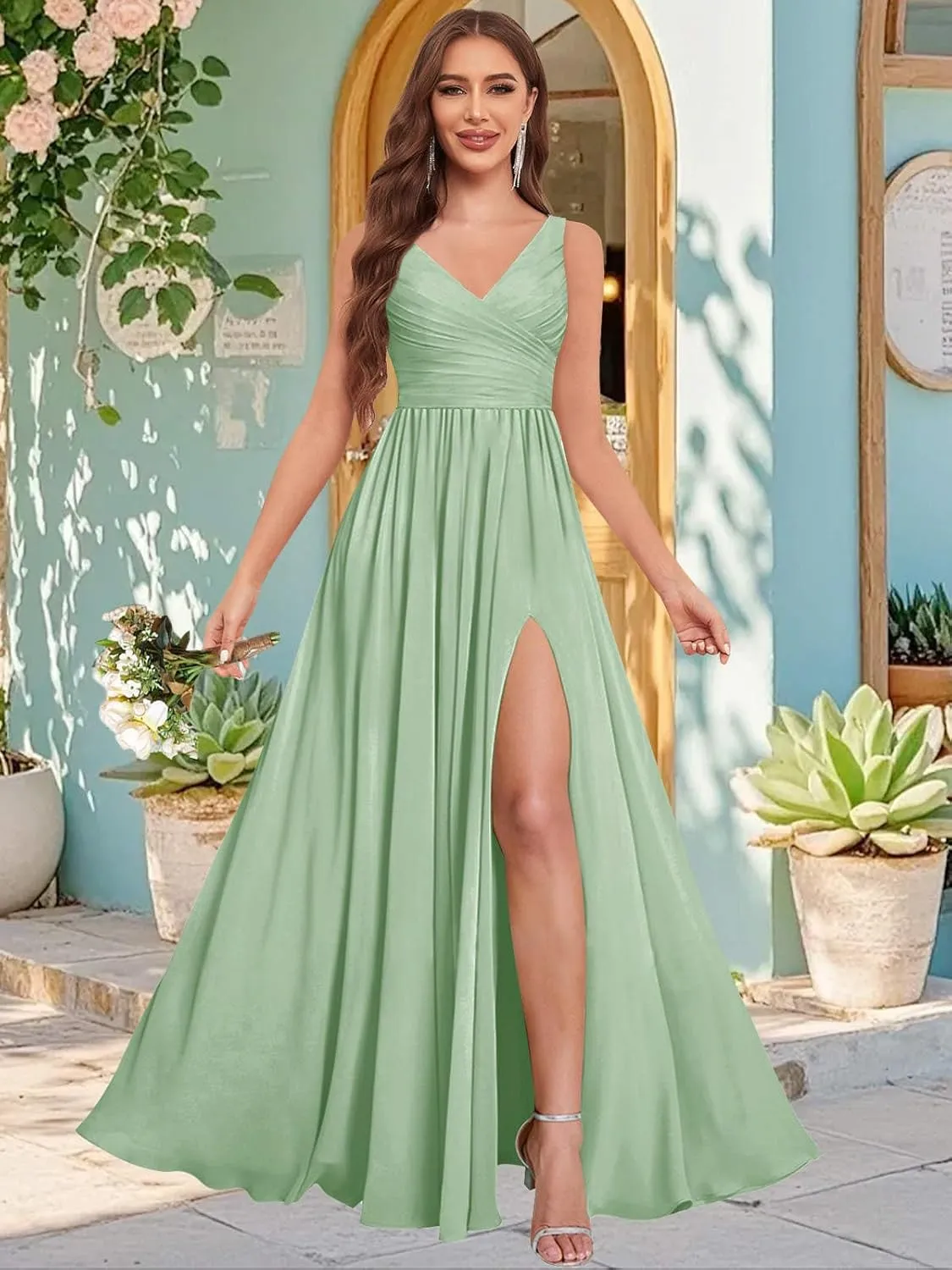 Women's V Neck Bridesmaid Dresses for Wedding with Slit Chiffon Pleated Formal Evening Gowns