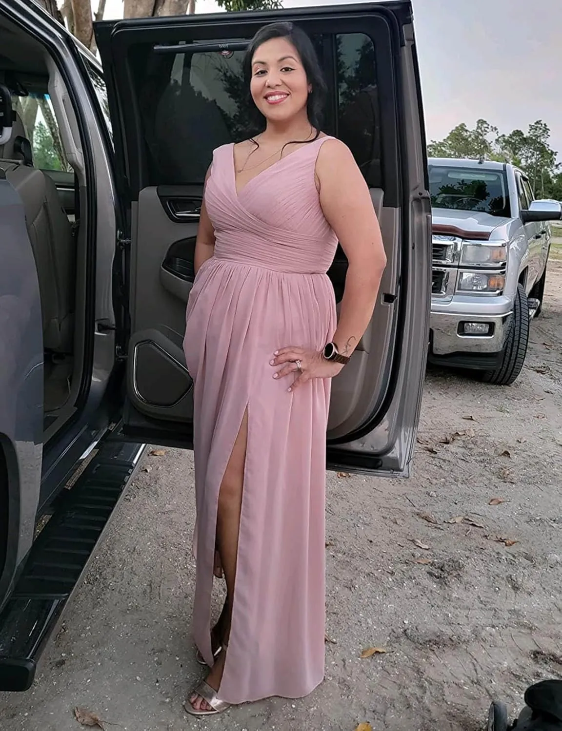 Women's V Neck Bridesmaid Dresses for Wedding with Slit Chiffon Pleated Formal Evening Gowns