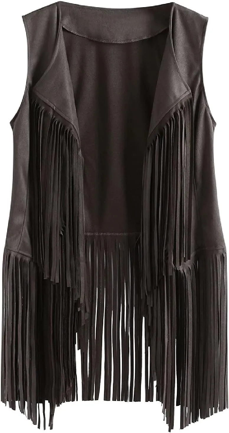 Womens Vintage Western Fringe Vest Tops Suede Leather 70s Cowboy Shirts Sleeveless Tassel Cardigan Waistcoats