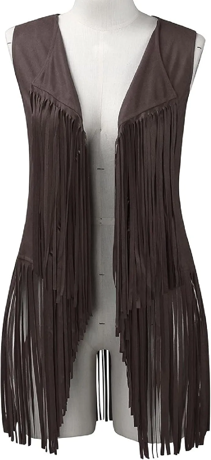 Womens Vintage Western Fringe Vest Tops Suede Leather 70s Cowboy Shirts Sleeveless Tassel Cardigan Waistcoats