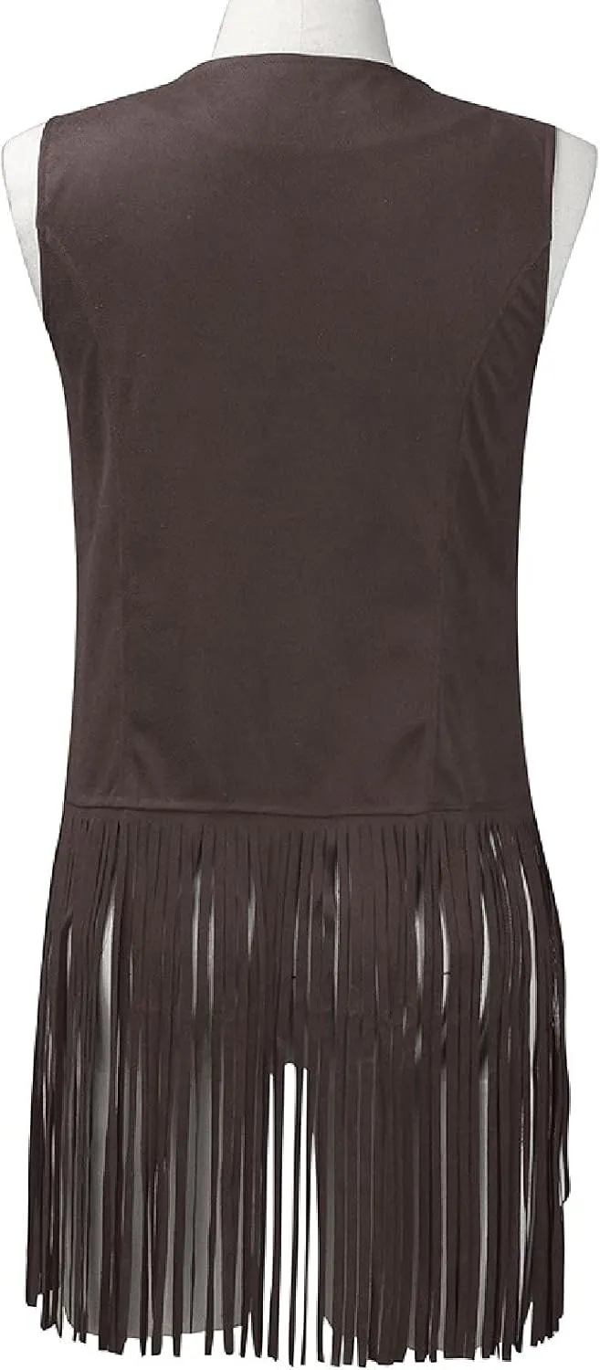 Womens Vintage Western Fringe Vest Tops Suede Leather 70s Cowboy Shirts Sleeveless Tassel Cardigan Waistcoats