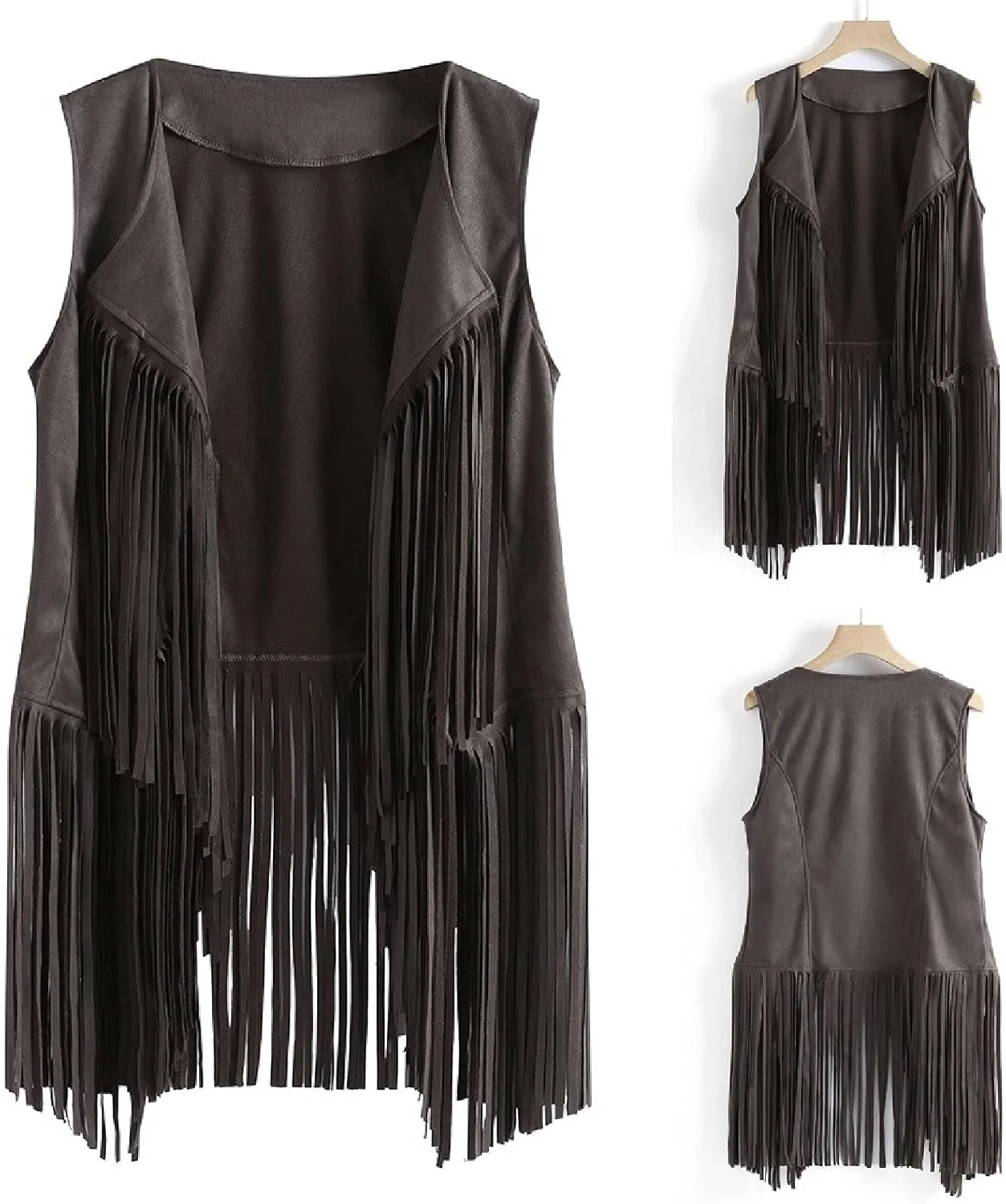 Womens Vintage Western Fringe Vest Tops Suede Leather 70s Cowboy Shirts Sleeveless Tassel Cardigan Waistcoats