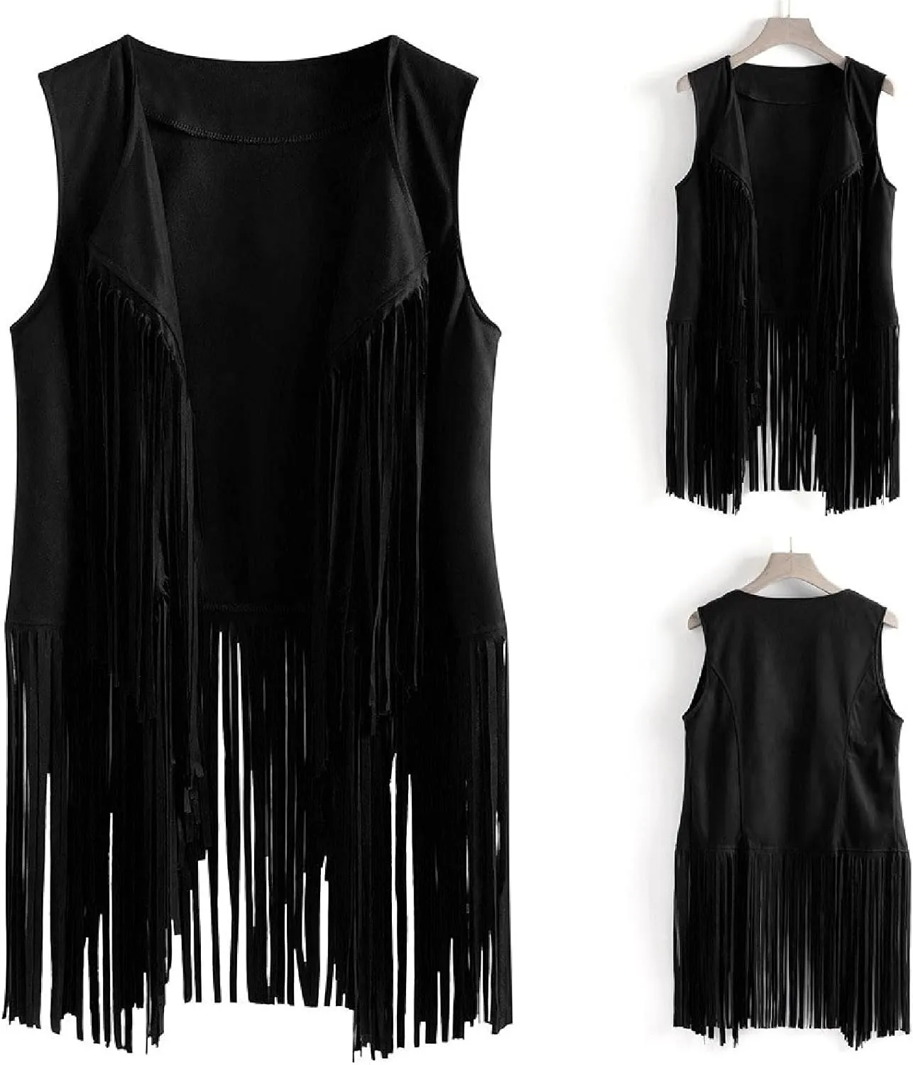 Womens Vintage Western Fringe Vest Tops Suede Leather 70s Cowboy Shirts Sleeveless Tassel Cardigan Waistcoats