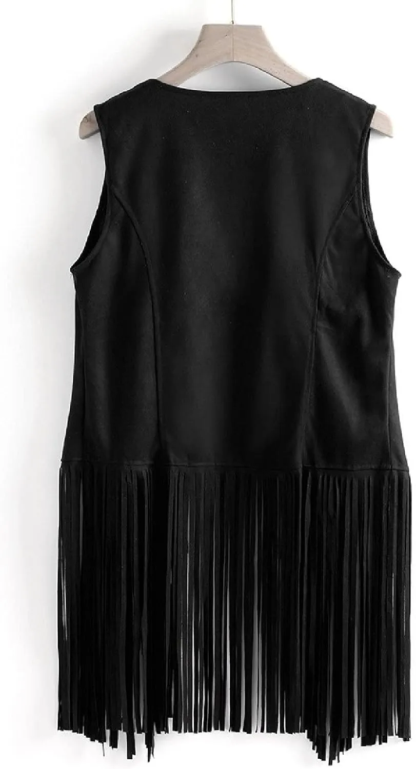 Womens Vintage Western Fringe Vest Tops Suede Leather 70s Cowboy Shirts Sleeveless Tassel Cardigan Waistcoats
