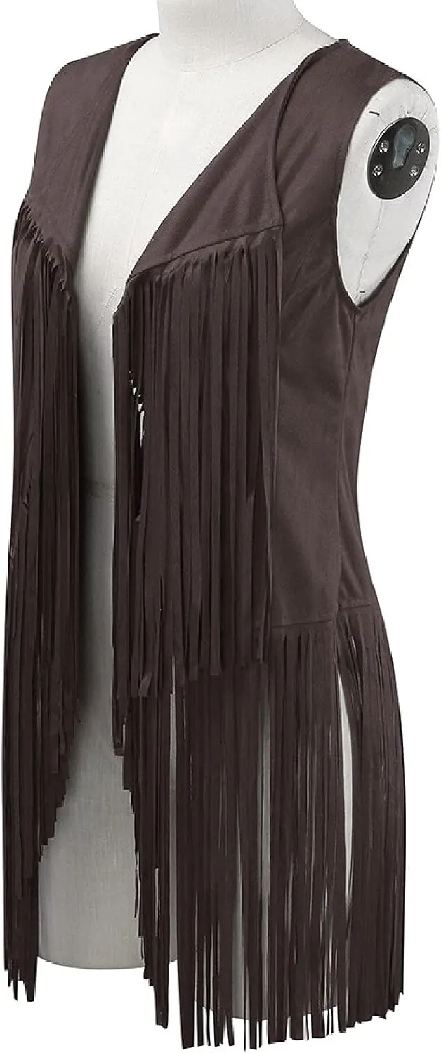 Womens Vintage Western Fringe Vest Tops Suede Leather 70s Cowboy Shirts Sleeveless Tassel Cardigan Waistcoats