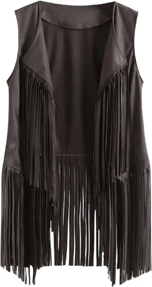 Womens Vintage Western Fringe Vest Tops Suede Leather 70s Cowboy Shirts Sleeveless Tassel Cardigan Waistcoats
