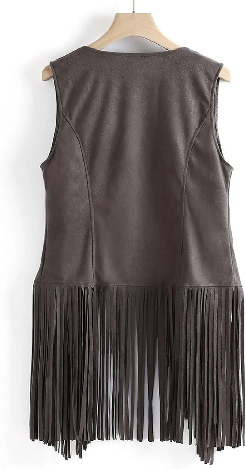 Womens Vintage Western Fringe Vest Tops Suede Leather 70s Cowboy Shirts Sleeveless Tassel Cardigan Waistcoats