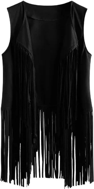 Womens Vintage Western Fringe Vest Tops Suede Leather 70s Cowboy Shirts Sleeveless Tassel Cardigan Waistcoats