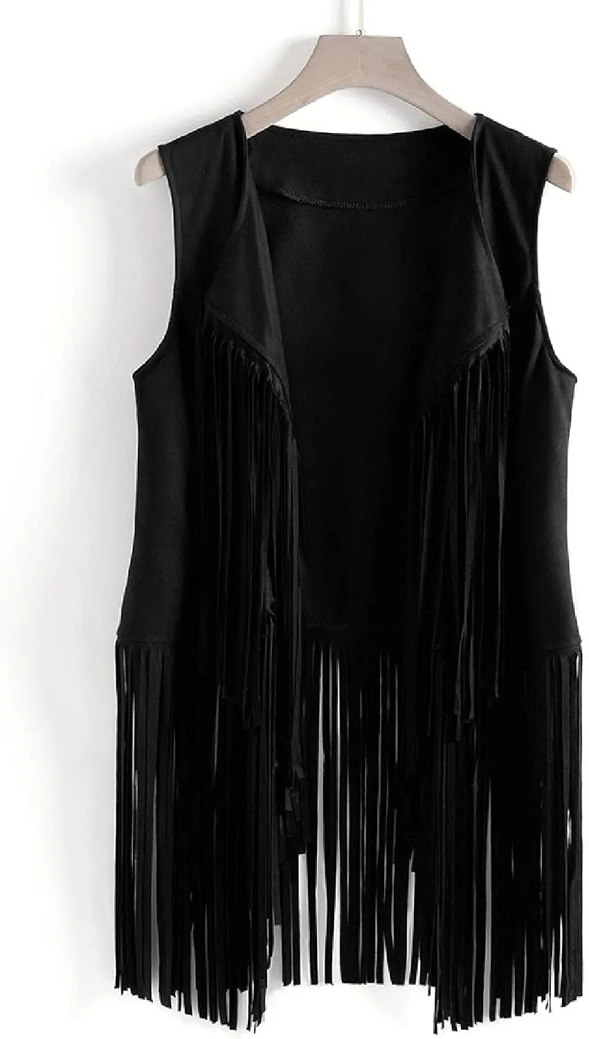 Womens Vintage Western Fringe Vest Tops Suede Leather 70s Cowboy Shirts Sleeveless Tassel Cardigan Waistcoats