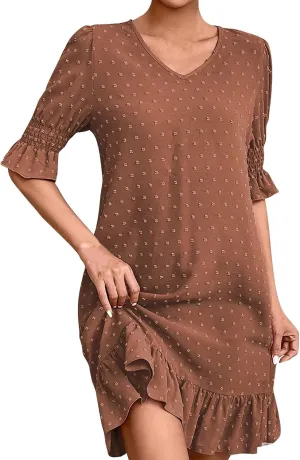 Womens White Dresses Short Sleeve V Neck Ruffle Dresses Cute Sun Dress Chiffon Flowy Mini Dress Summer Casual Dress