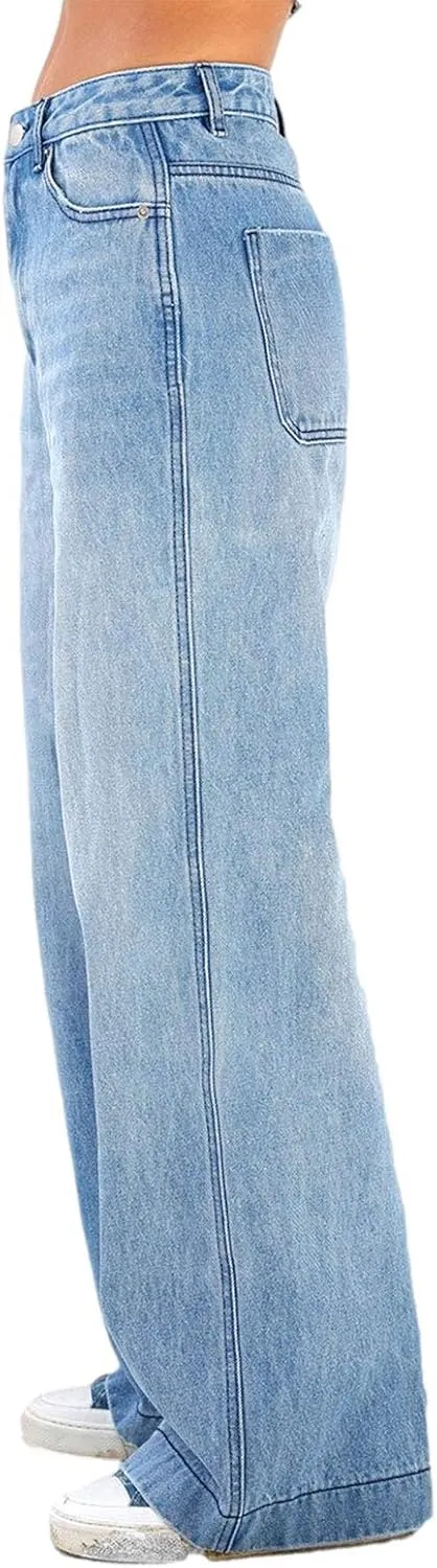 Women's Wide Leg Boyfriend Denim Pants - Low Rise Baggy Casual Loose Jeans - Y2K E-Girl Style