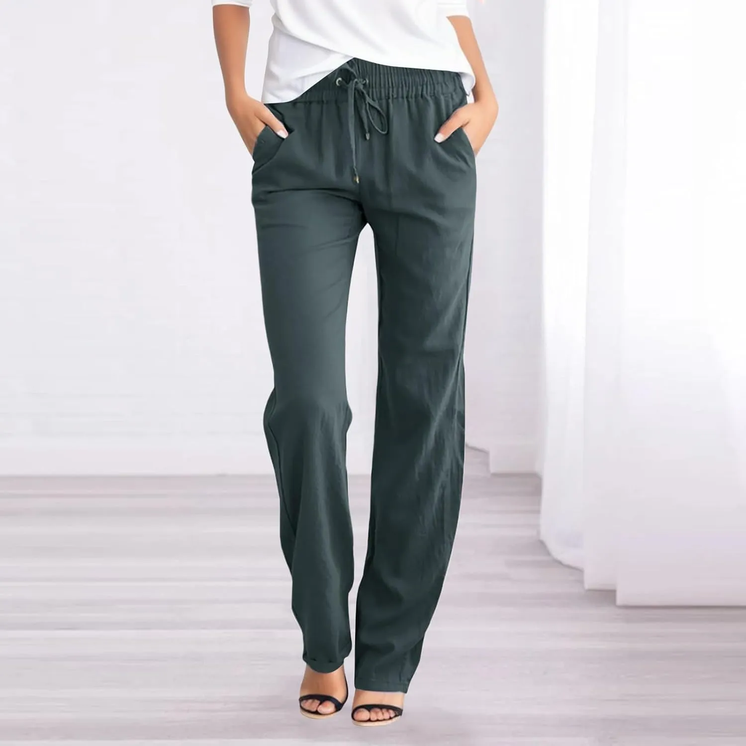 Womens Wide Leg Sweatpants Winter Silk Beach Leggings with Pockets Solid Color Elastic Waist