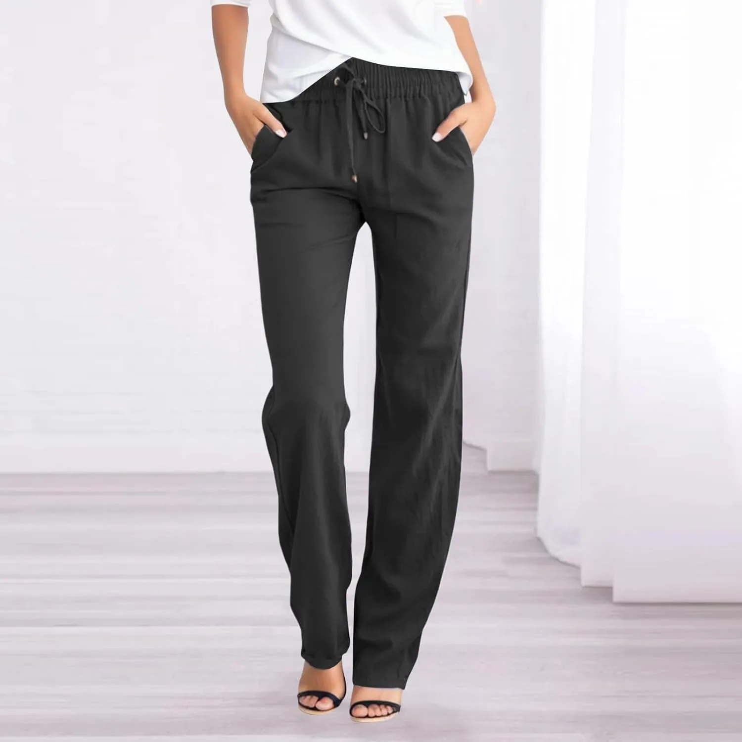 Womens Wide Leg Sweatpants Winter Silk Beach Leggings with Pockets Solid Color Elastic Waist