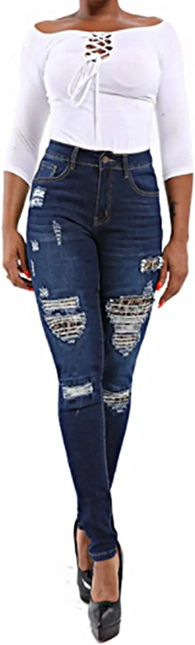 xxxiticat Women's Blue Ripped Jean Leggings High Waist Splice Hole Trousers Casual Bold Design Butt Lift Skinny Denim Pants