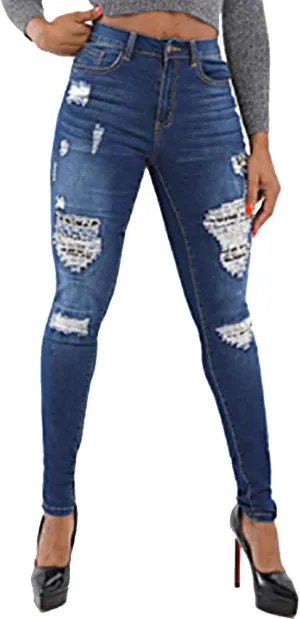 xxxiticat Women's Blue Ripped Jean Leggings High Waist Splice Hole Trousers Casual Bold Design Butt Lift Skinny Denim Pants
