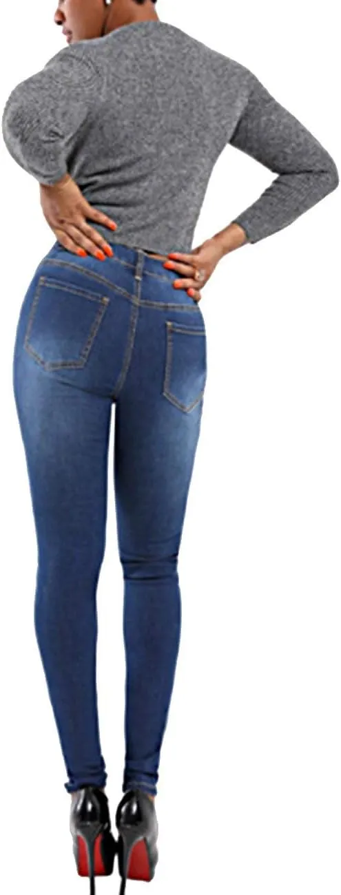xxxiticat Women's Blue Ripped Jean Leggings High Waist Splice Hole Trousers Casual Bold Design Butt Lift Skinny Denim Pants