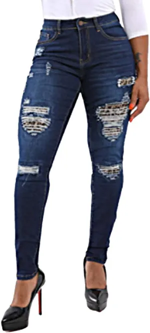 xxxiticat Women's Blue Ripped Jean Leggings High Waist Splice Hole Trousers Casual Bold Design Butt Lift Skinny Denim Pants