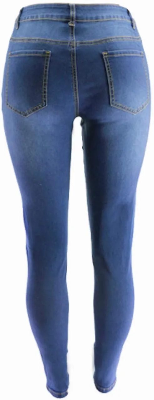 xxxiticat Women's Blue Ripped Jean Leggings High Waist Splice Hole Trousers Casual Bold Design Butt Lift Skinny Denim Pants
