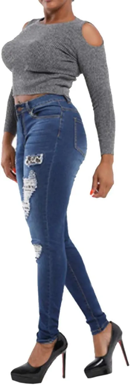 xxxiticat Women's Blue Ripped Jean Leggings High Waist Splice Hole Trousers Casual Bold Design Butt Lift Skinny Denim Pants