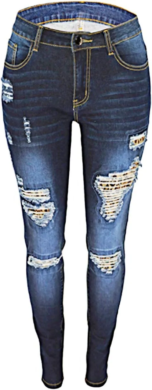 xxxiticat Women's Blue Ripped Jean Leggings High Waist Splice Hole Trousers Casual Bold Design Butt Lift Skinny Denim Pants