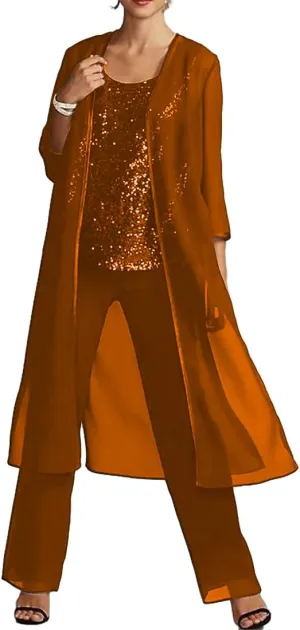 YAUTKA 3 Pcs Pant Suits for Wedding 3/4 Long Sleeve Sparkly Sequin Chiffon Formal Outfits for Women 2024 with Jackets