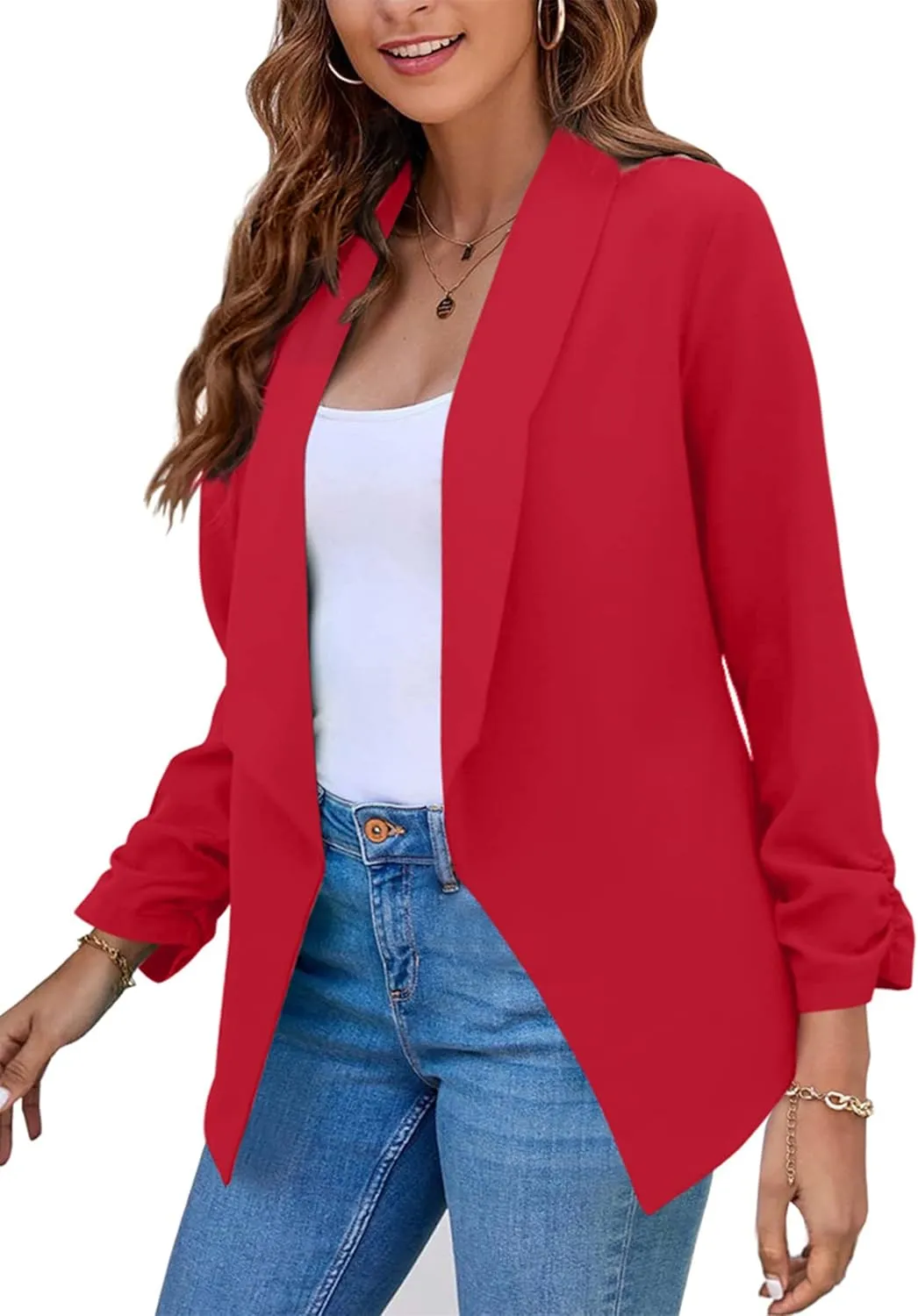 YMING Womens Open Front Work Blazer Business Long Sleeve Jackets Solid Color Office Short Cardigans