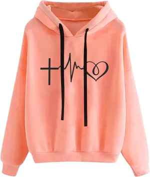 YRAETENM Heart Graphic Hoodies for Women casual Long Sleeve drawstring Pullover Tops oversized comfy sweatshirts with Pocket