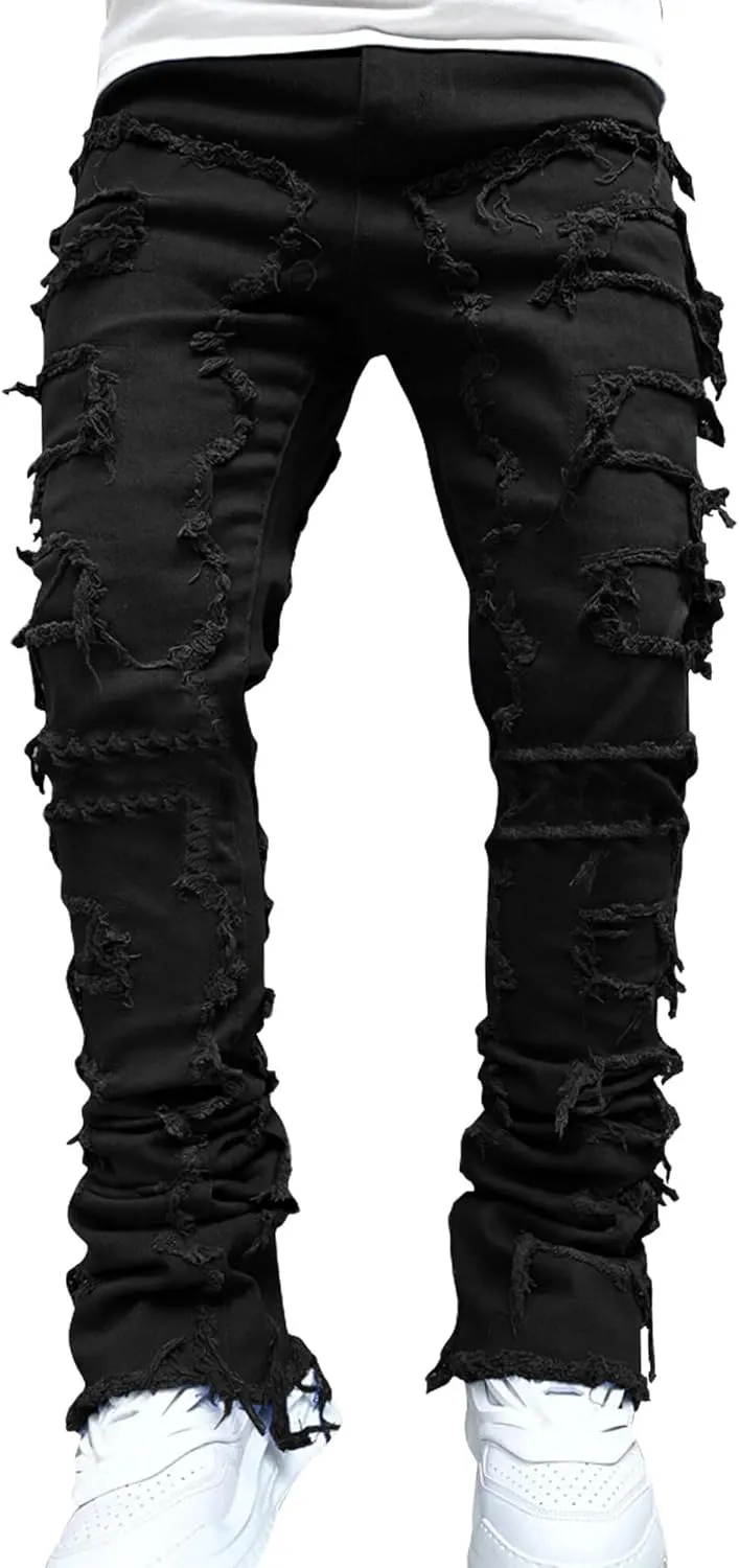 Ytfsrukp Mens Black Stacked Jeans Slim Fit Ripped Jeans Destroyed Straight Denim Pants Harajuku Hip Hop Trouser Streetwear