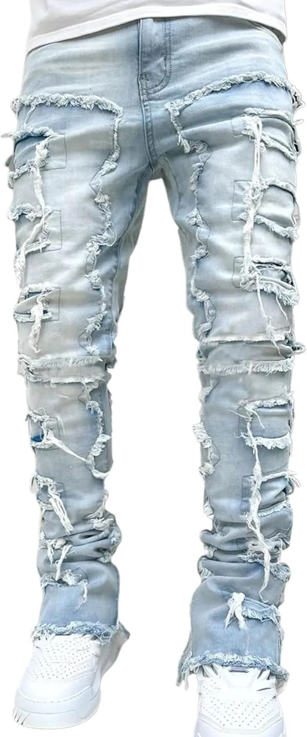 Ytfsrukp Mens Black Stacked Jeans Slim Fit Ripped Jeans Destroyed Straight Denim Pants Harajuku Hip Hop Trouser Streetwear