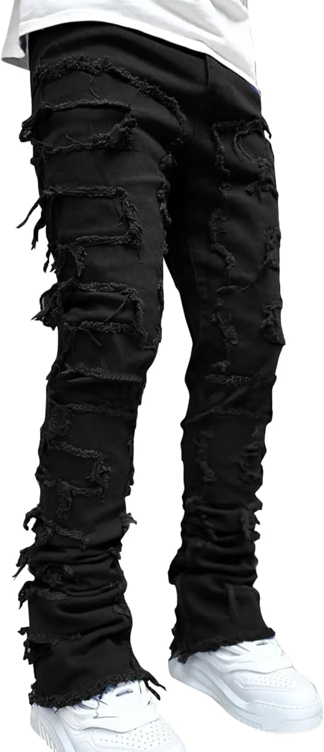 Ytfsrukp Mens Black Stacked Jeans Slim Fit Ripped Jeans Destroyed Straight Denim Pants Harajuku Hip Hop Trouser Streetwear