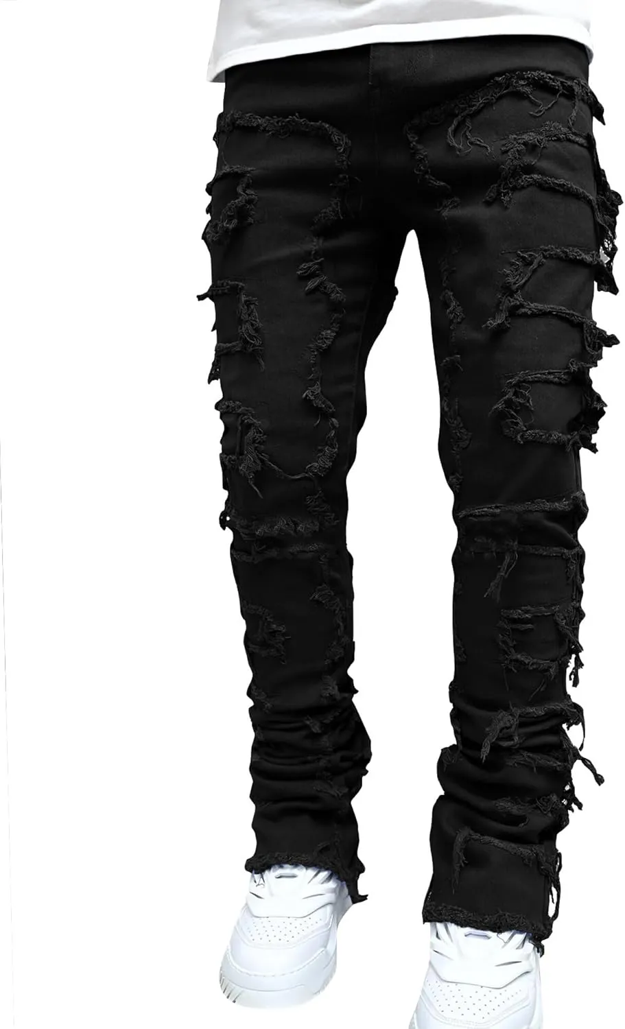 Ytfsrukp Mens Black Stacked Jeans Slim Fit Ripped Jeans Destroyed Straight Denim Pants Harajuku Hip Hop Trouser Streetwear