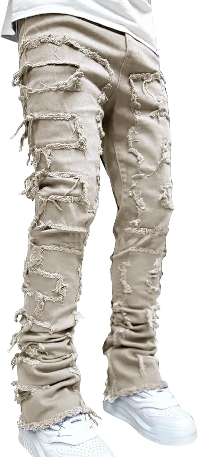 Ytfsrukp Mens Black Stacked Jeans Slim Fit Ripped Jeans Destroyed Straight Denim Pants Harajuku Hip Hop Trouser Streetwear