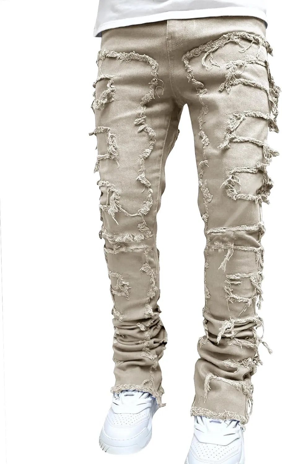 Ytfsrukp Mens Black Stacked Jeans Slim Fit Ripped Jeans Destroyed Straight Denim Pants Harajuku Hip Hop Trouser Streetwear