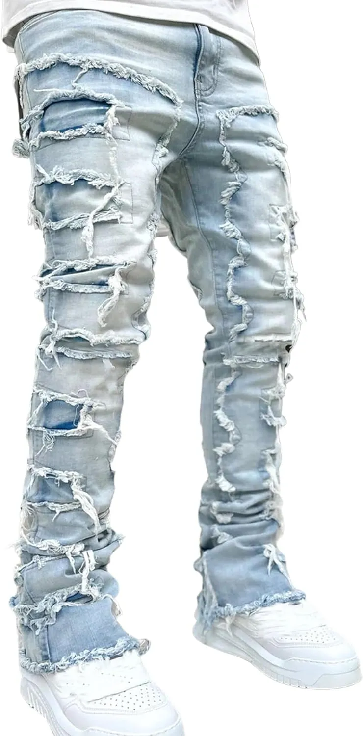 Ytfsrukp Mens Black Stacked Jeans Slim Fit Ripped Jeans Destroyed Straight Denim Pants Harajuku Hip Hop Trouser Streetwear