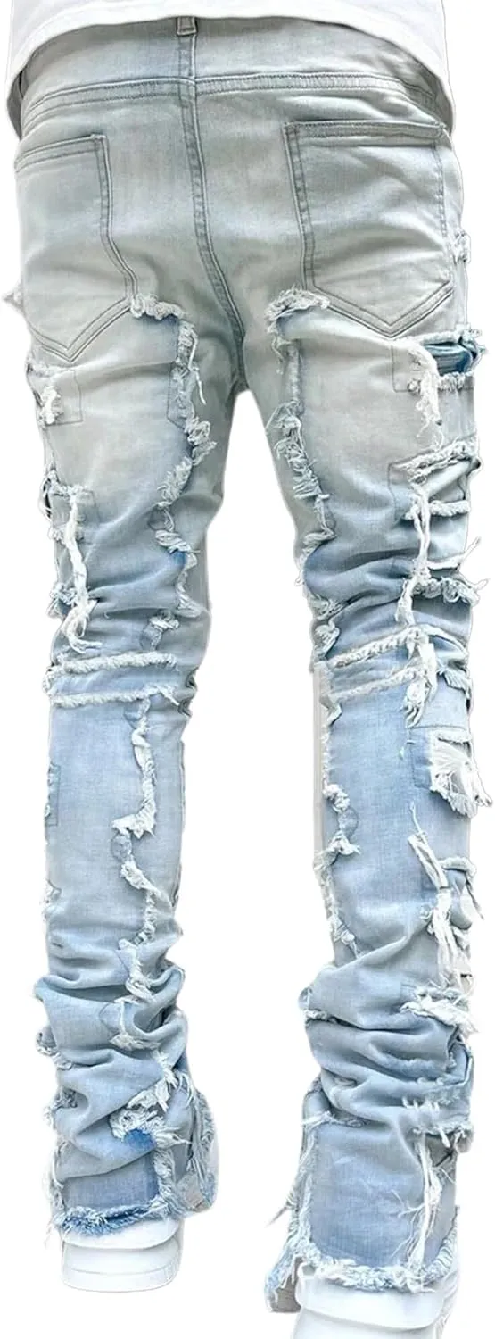 Ytfsrukp Mens Black Stacked Jeans Slim Fit Ripped Jeans Destroyed Straight Denim Pants Harajuku Hip Hop Trouser Streetwear