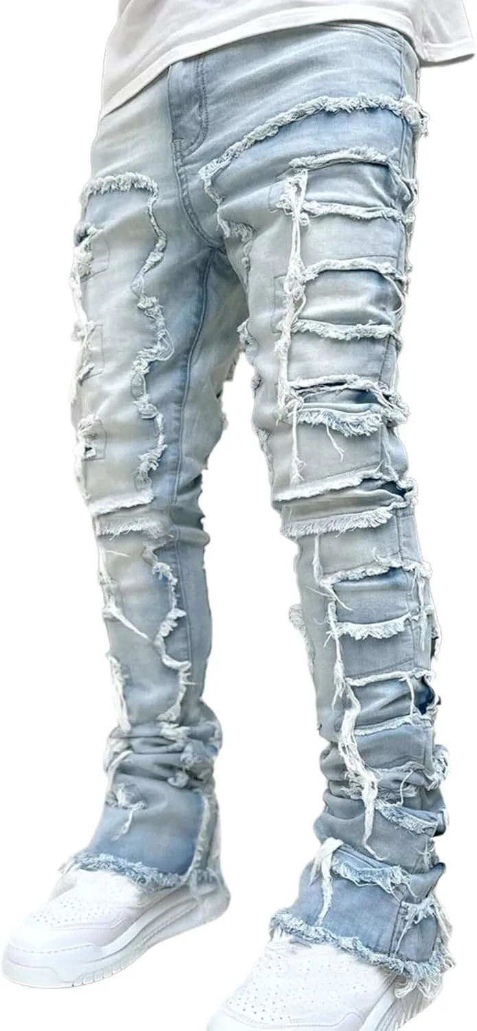 Ytfsrukp Mens Black Stacked Jeans Slim Fit Ripped Jeans Destroyed Straight Denim Pants Harajuku Hip Hop Trouser Streetwear