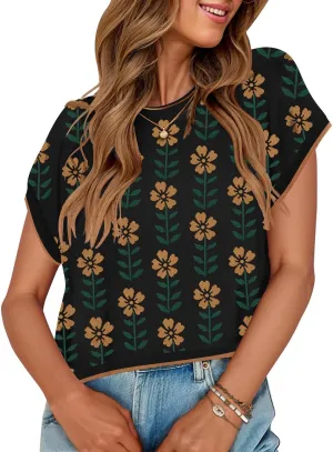 ZESICA Womens Summer Casual Printed Tops Cap Sleeve Crew Neck Cute Knit Sweaters 2025 Trendy Clothes Outfits