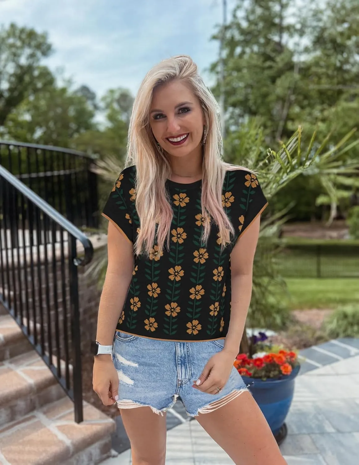 ZESICA Womens Summer Casual Printed Tops Cap Sleeve Crew Neck Cute Knit Sweaters 2025 Trendy Clothes Outfits