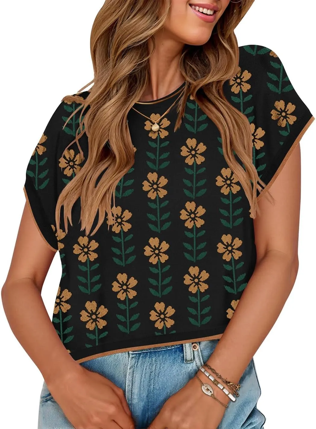ZESICA Womens Summer Casual Printed Tops Cap Sleeve Crew Neck Cute Knit Sweaters 2025 Trendy Clothes Outfits