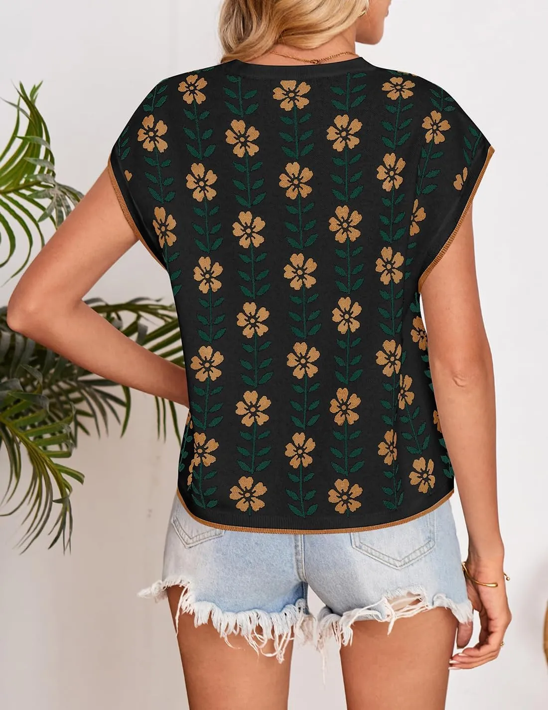 ZESICA Womens Summer Casual Printed Tops Cap Sleeve Crew Neck Cute Knit Sweaters 2025 Trendy Clothes Outfits