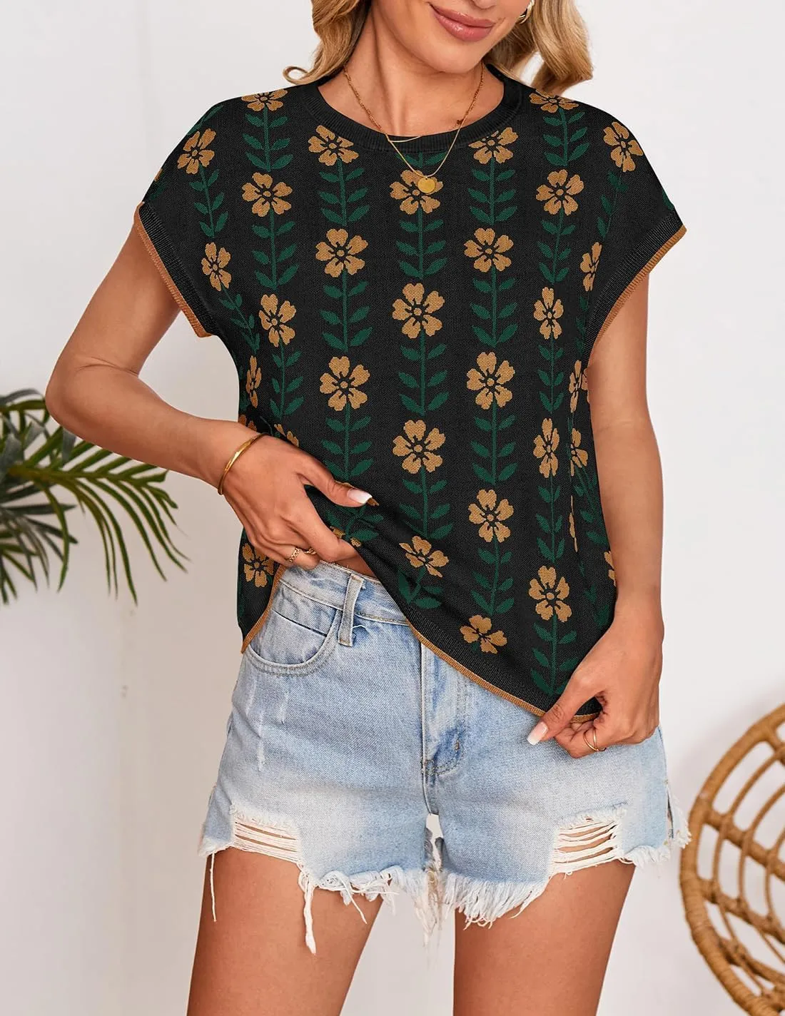 ZESICA Womens Summer Casual Printed Tops Cap Sleeve Crew Neck Cute Knit Sweaters 2025 Trendy Clothes Outfits