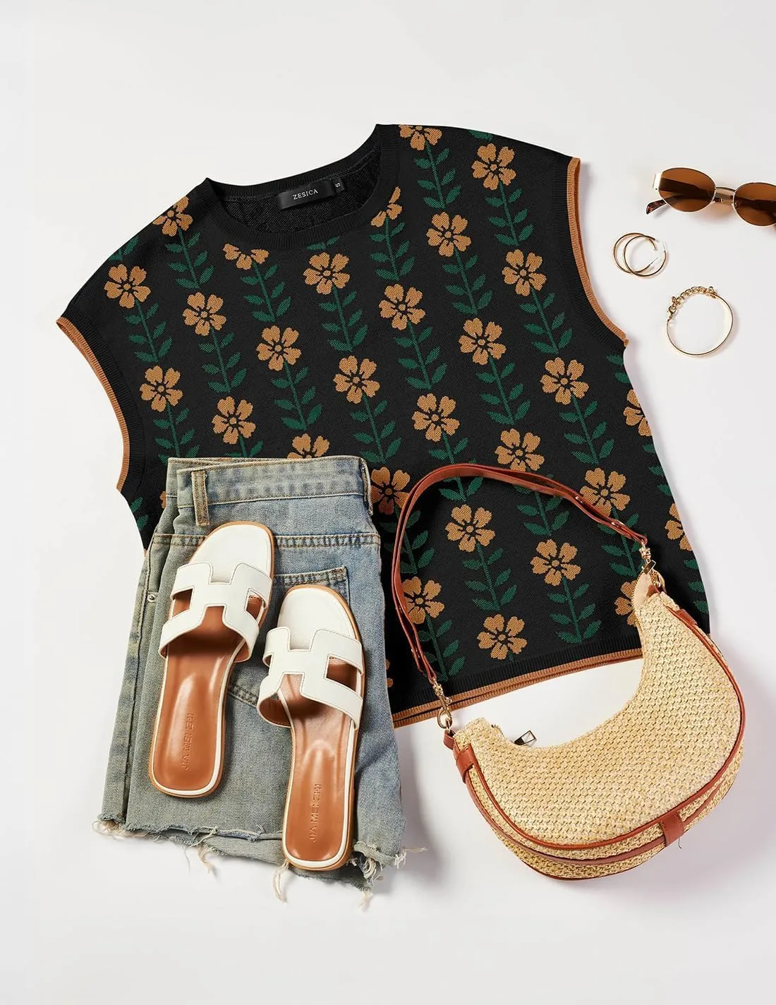 ZESICA Womens Summer Casual Printed Tops Cap Sleeve Crew Neck Cute Knit Sweaters 2025 Trendy Clothes Outfits